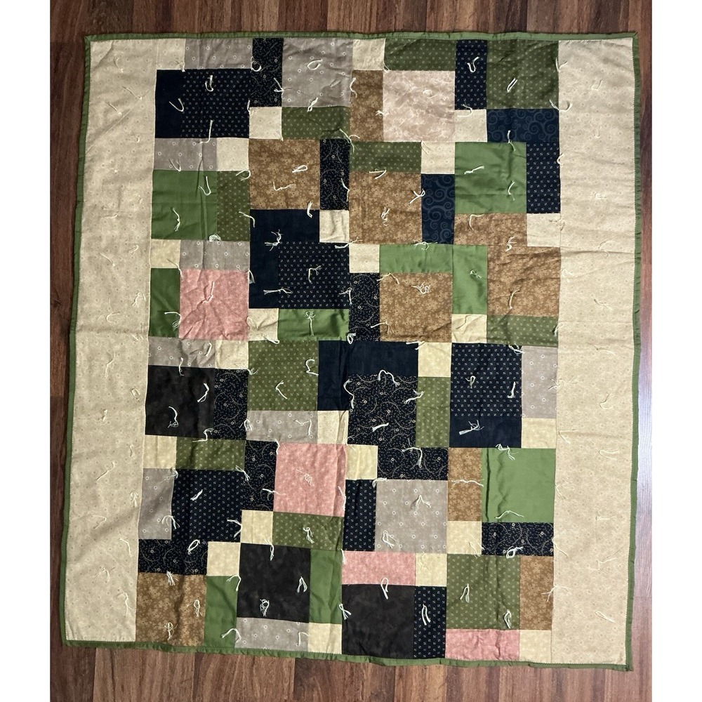 Handmade TIDEVUE ESTATES QUILTERS Tie Patchwork Quilt Green Black Beige 48X43"